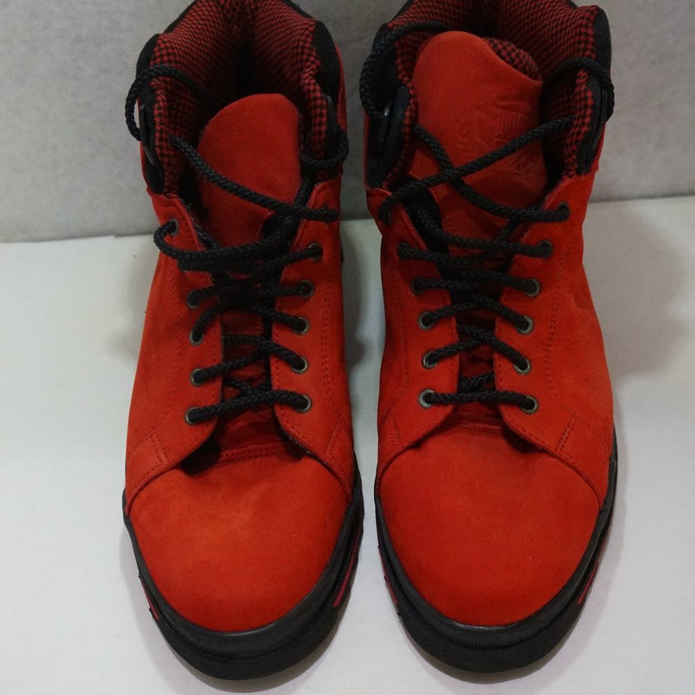 Black and red leather shoes, size 10.5-11 in men, no name brand.